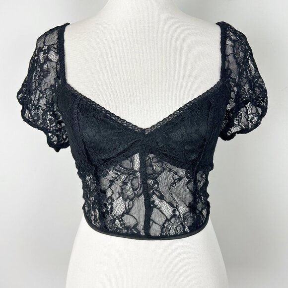 Urban Outfitters Black Lace Sheer Crop Top Whimsigoth Size Medium Women's - Picture 1 of 4